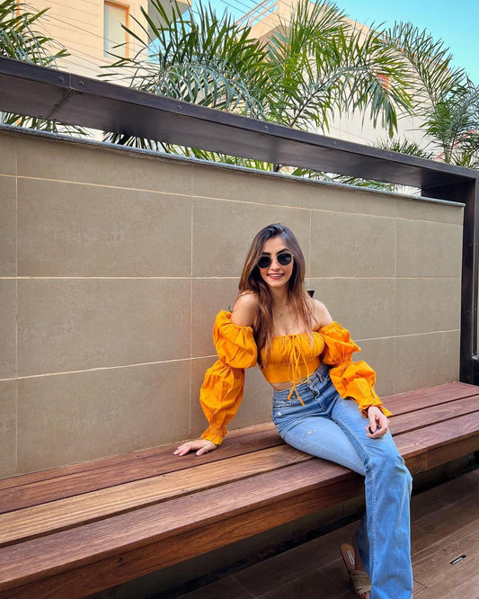 Mustard Yellow Off-Shoulder Corset Poplin Lyza Top for Women