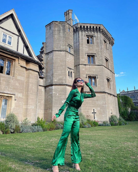 Emerald Green Satin Dawn Co-ord Set for Women – Cropped Satin Shirt & High-Waist Pants