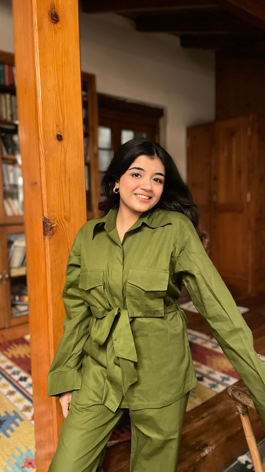 Women’s Utility Co-ord Set – Army Green Jacket, Belt & High-Waist Flared Pants