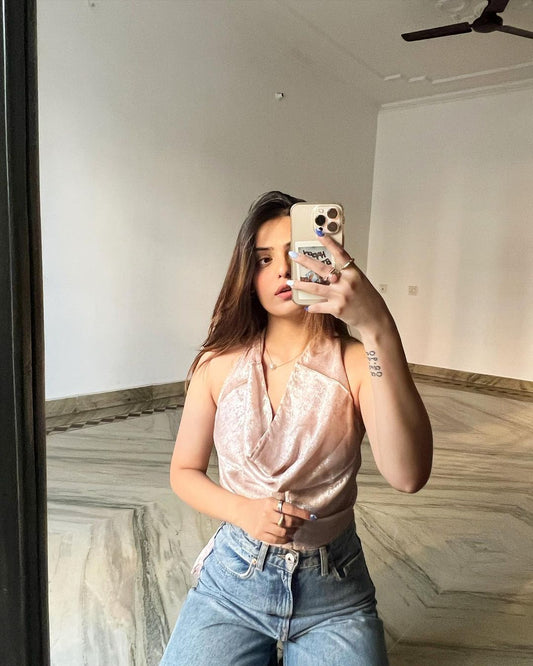 2000s Shimmer Halter Top in Gold | Metallic Cowl Neck Party Top