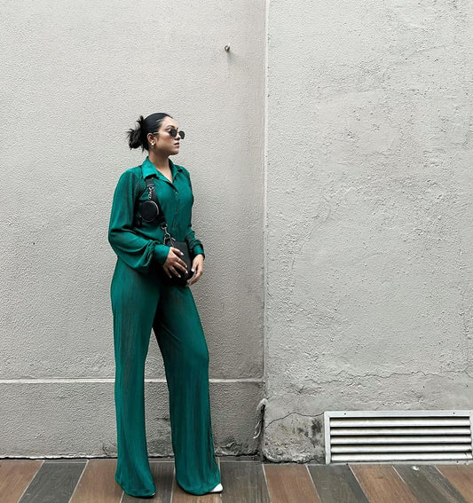 Women’s Green Pleated Satin Co-ord Set – Button-Down Shirt & High-Waist Pants