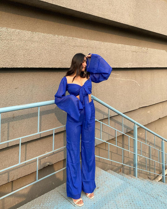 Royal Blue Chiffon Starlet Co-ord Set – Wrap Tie-Up Crop Top & High-Waist Pants for Women