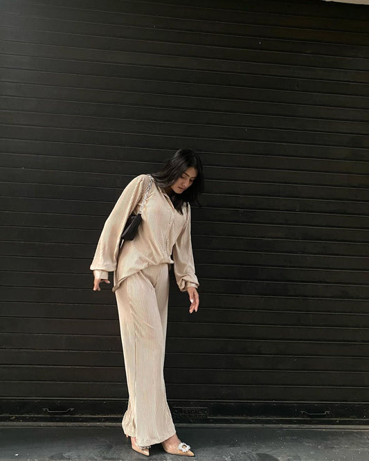 Women’s Pleated Gold Satin Co-ord Set – Button-Down Shirt & High-Waist Pants