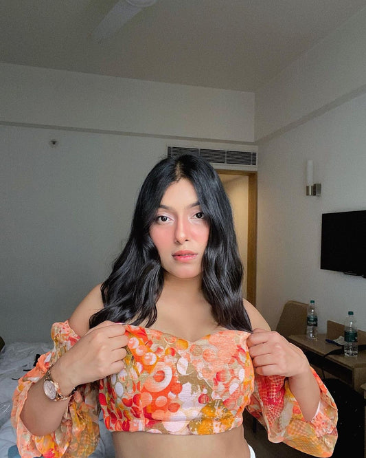 Orange Off-Shoulder Puff Sleeve Olivia Crop Top | Reversible Tie-Up Chiffon Blouse