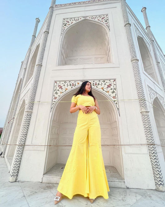 Women’s Yellow Zendaya Co-ord Set – Crop Top & Draped High-Waist Pants
