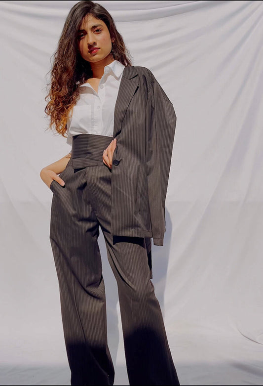 BLAZER PANT AND BELT CO-ORD SET IN PINSTRIPE