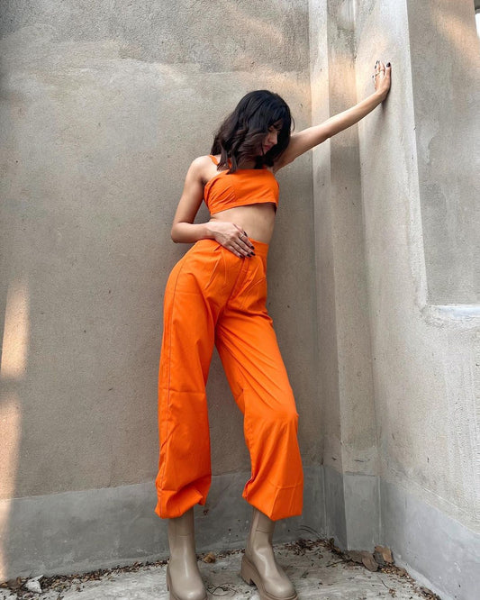 Women’s Orange Carla Co-ord Set – Crop Top & High-Waist Joggers with Elasticated Cuffs