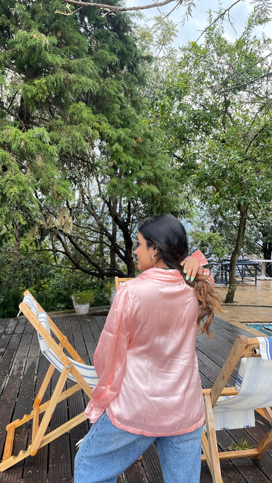 Victoria Satin Tie-Front Top | Blush Pink Ruffle Blouse