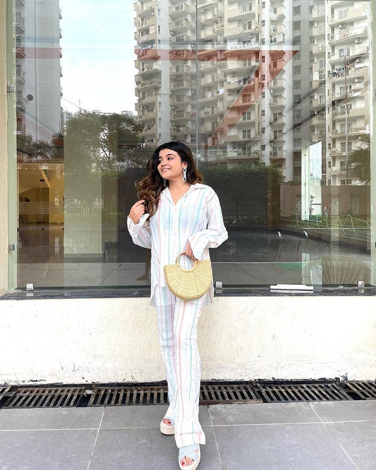 Striped Cotton Summer Co-ord Set for Women – Button-Down Shirt & High-Waist Pants