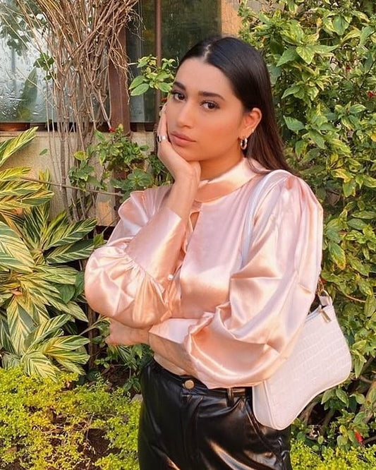 Satin Bow-Back Blouse in Peach | Puff Sleeve Satin Top