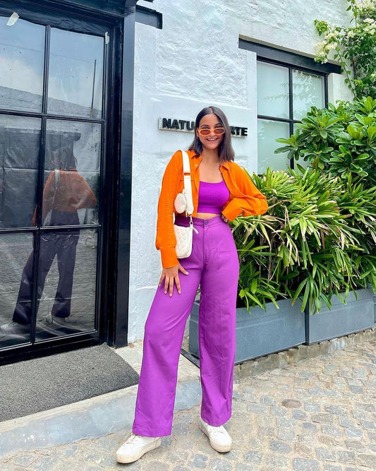 Purple Satin High Rise Wide-Leg Pants – Statement Evening Trousers