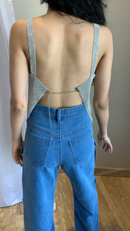 Dia Rhinestone Crop Top | Metallic Silver Party Top