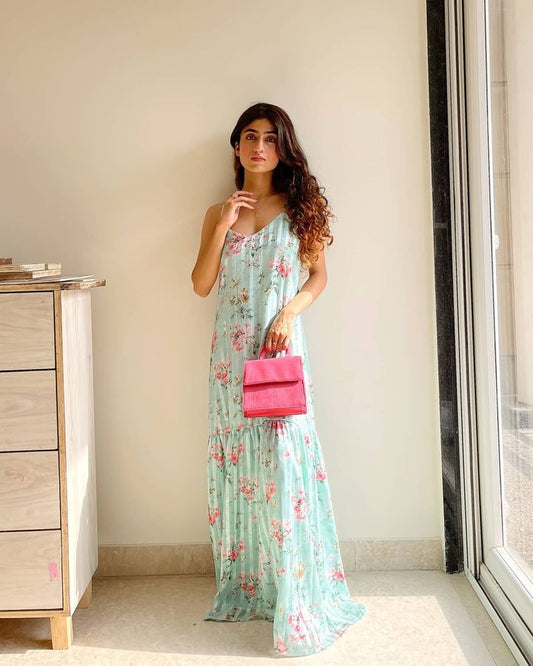 Mint Green Floral Maxi Dress – Ditsy Print Tiered Hem Dress