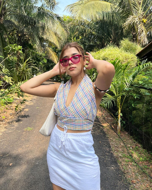 Check Halter Neck Check Top | Back Tie Cotton Crop Top