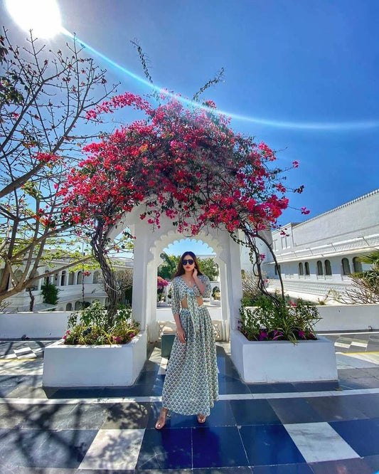 Women’s Printed Linen Meadow Co-ord Set – Tie-Up Crop Top & A-Line Maxi Skirt