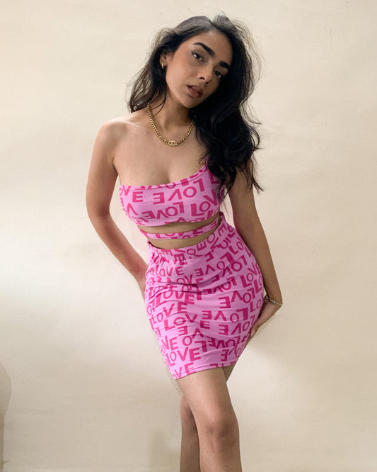 Pink Knitted One-Shoulder Love Print Co-ord Set – Crop Top & Pencil Skirt for Women