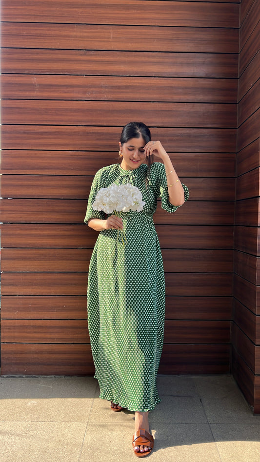 Diana Green Printed Maxi Dress – Satin Pleated Balloon Sleeve
