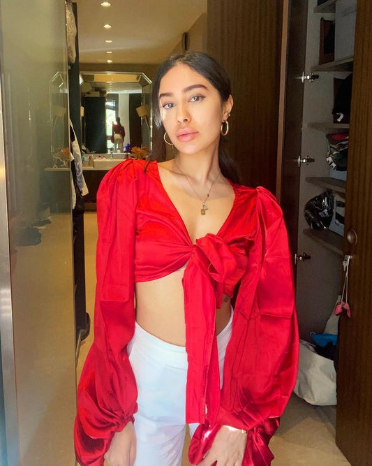 Red Satin Puff Sleeve Tie-Up Top | Dramatic Bow Crop Top