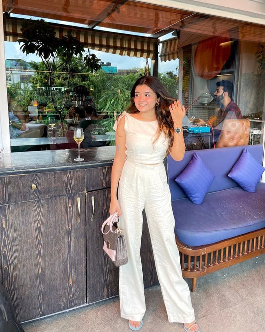 Beige Linen-Blend Nora Co-ord Set for Women – Tie-Up Sleeve Top & High-Waist Pants