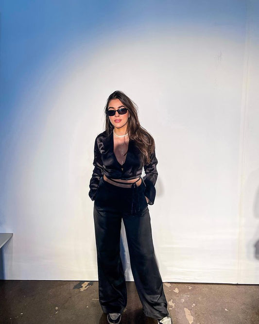 Black Satin Dawn Co-ord Set for Women – Cropped Satin Shirt & High-Waist Pants