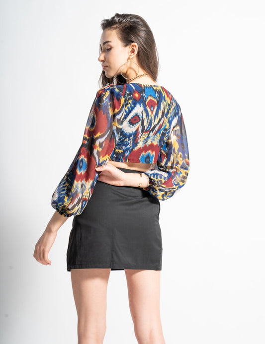 Ikat Print Wrap Top for Women | Plunge Neck Crop Top with Blouson Sleeves