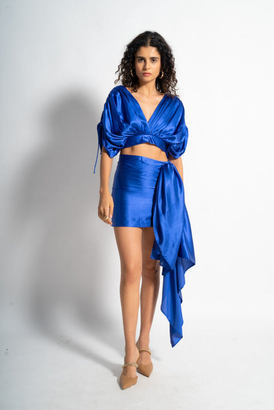 Blue Satin Sapphire Co-ord Set for Women – Drape Top & Skirt with Dramatic Drape