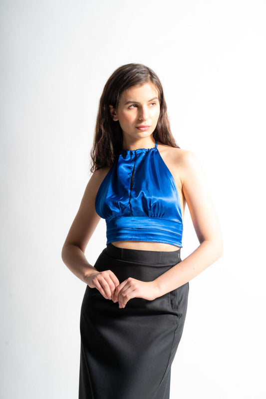 Royal Blue Satin Halter Neck Top | Tie-Up Back Crop Top