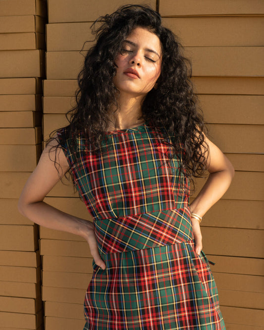 Sleeveless Red And Green Check Tunic – Plaid Casual Outfit for Women