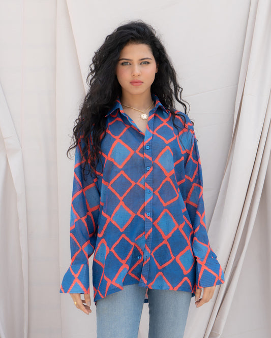 Blue & Red Geometric Print Sheer Chiffon Lightweight Statement Shirt