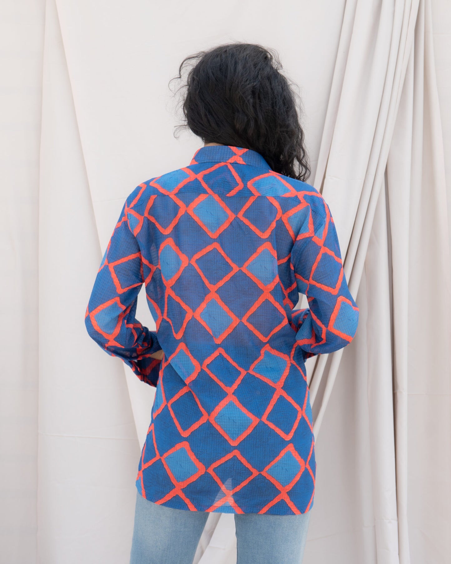 Blue & Red Geometric Print Sheer Chiffon Lightweight Statement Shirt