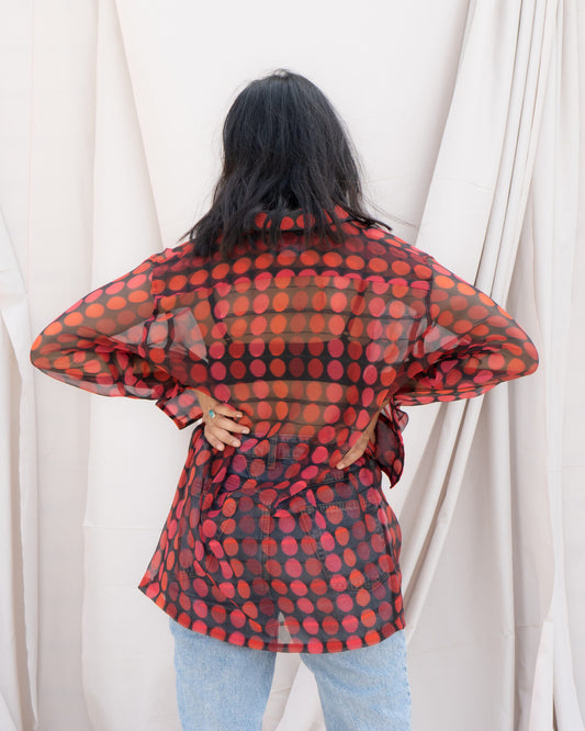Red Vintage Polka Dot Sheer Chiffon Shirt – Full Sleeve Button-Up