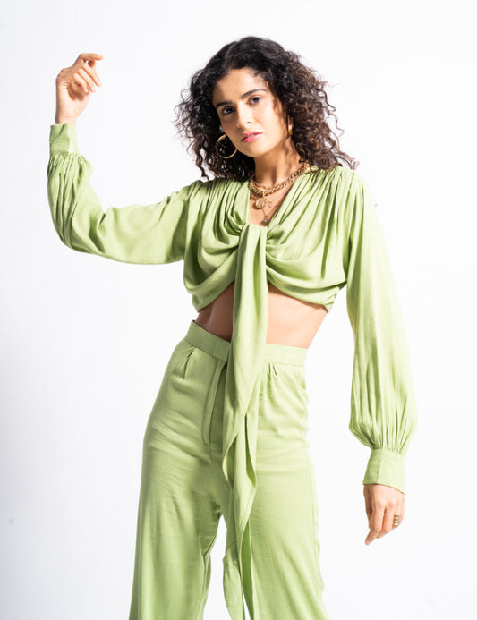 Pastel Green Linen-Blend Lara Co-ord Set – Draped Wrap Tie-Up Top & High-Waist Pants