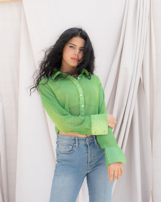 Green Abstract Print Cropped Shirt