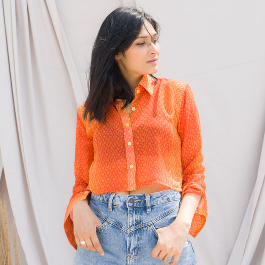 Orange Abstract Print Cropped Shirt