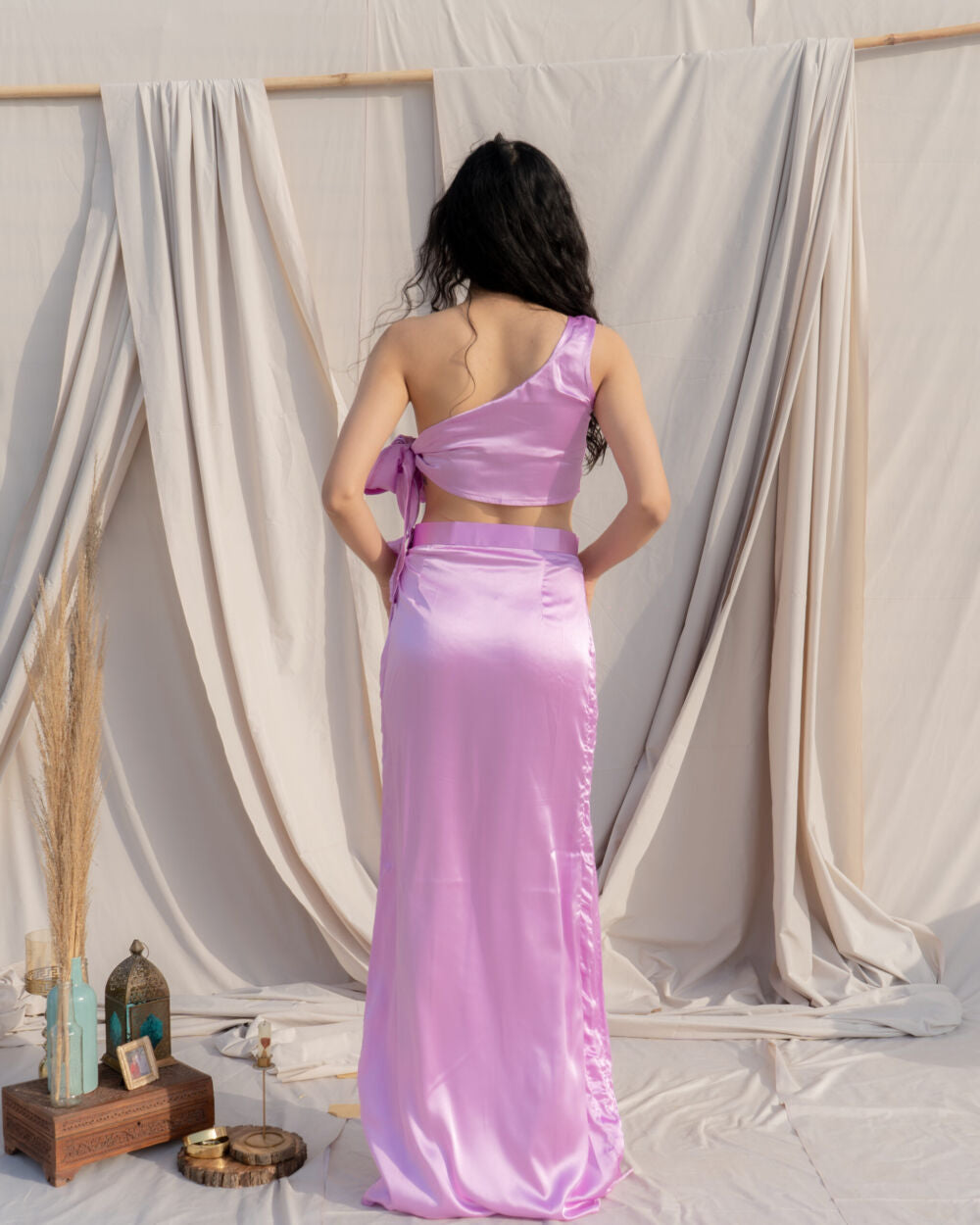 Lilac Satin Co-ord Set for Women – One-Shoulder Crop Top & High-Waist Maxi Skirt