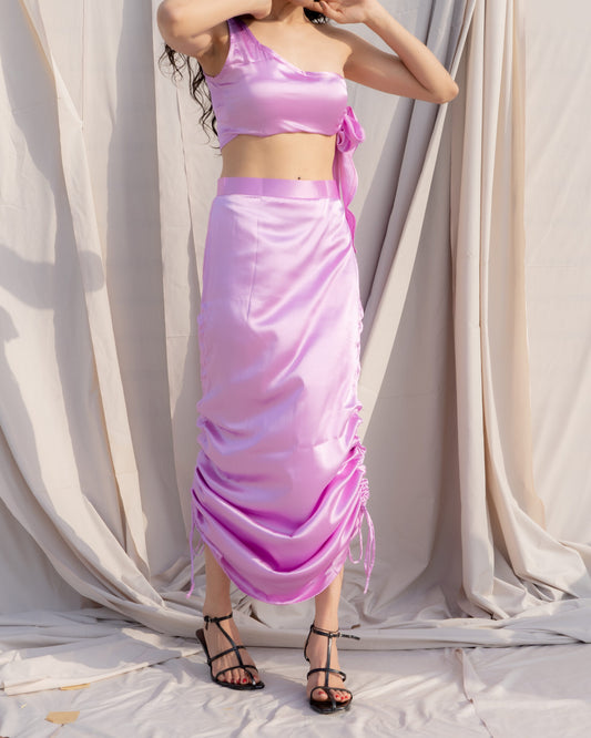 Lilac Satin Co-ord Set for Women – One-Shoulder Crop Top & High-Waist Maxi Skirt