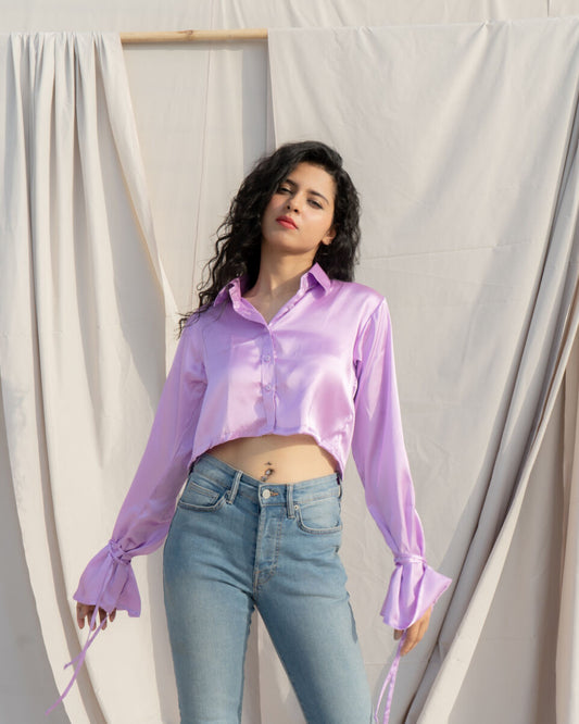 Lilac Satin Tie-Up Crop Shirt