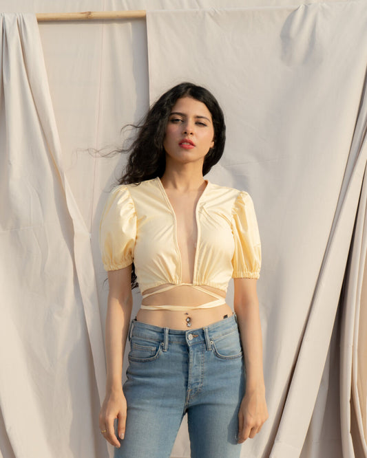 Yellow Tie-Up Crop Top | Puff Sleeve Summer Top