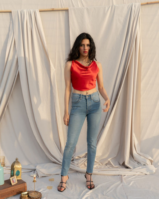Red Satin Cowl Neck Crop Top | Glossy Backless Party Top