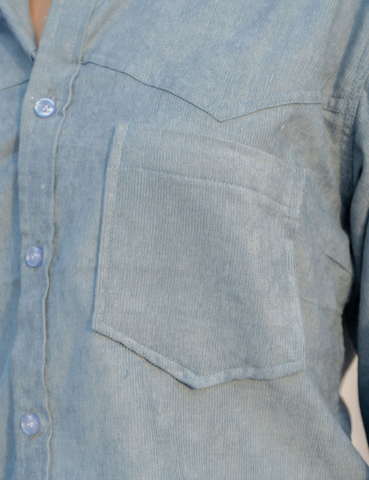 Blue Corduroy Button-Up Shirt – Spread Collar, Long Sleeves