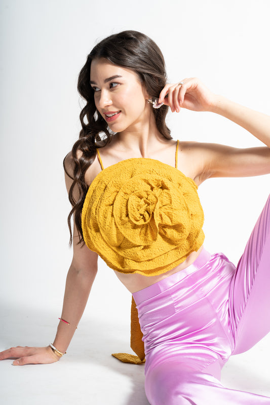 Yellow 3D Flower Top for Women – Poly Moss Crepe