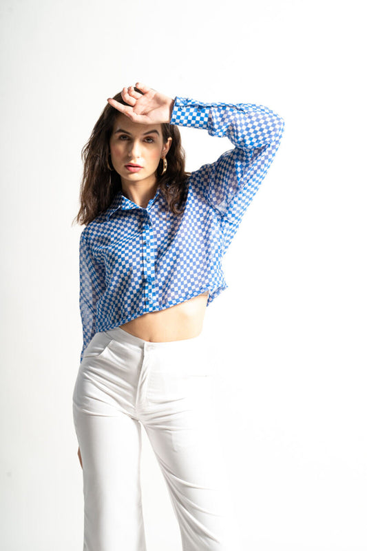 Blue Check Print Cropped Shirt – Retro Meets Modern