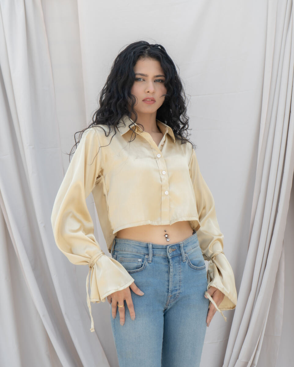 Golden Satin Bell Sleeve Crop Shirt