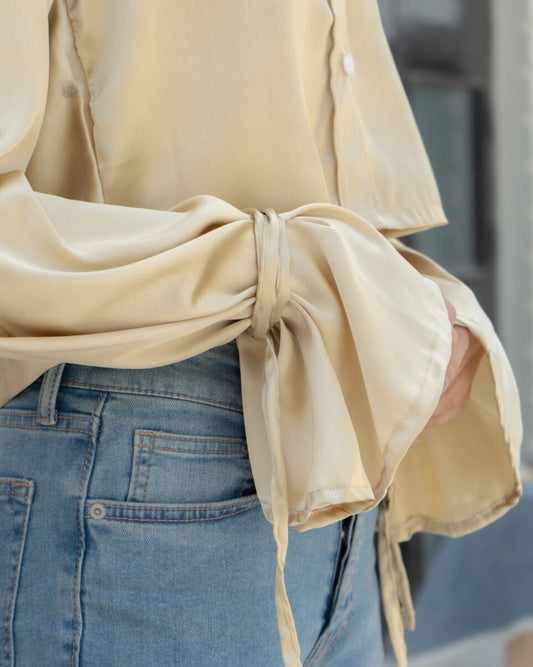 Golden Satin Bell Sleeve Crop Shirt