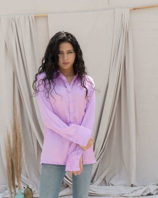 Lilac Satin Button-Up Shirt – Relaxed Fit Glossy Top