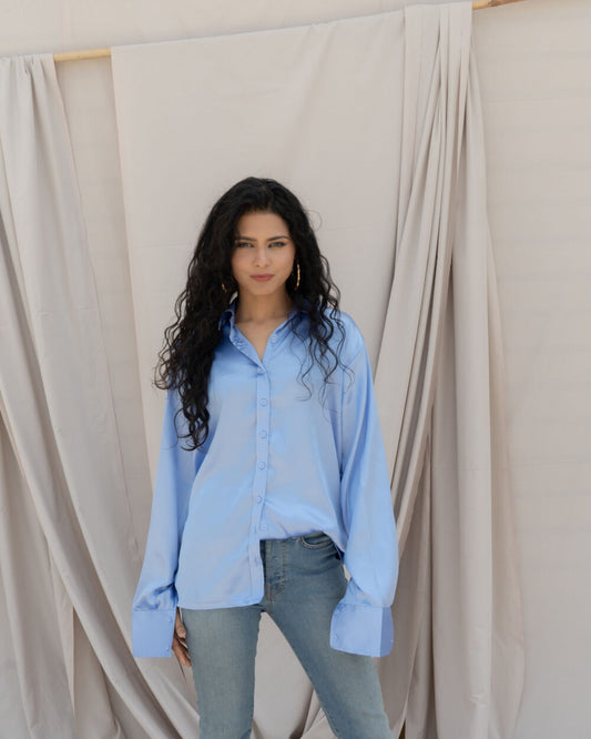 Blue Satin Relaxed Fit Shirt – Glossy & Effortless
