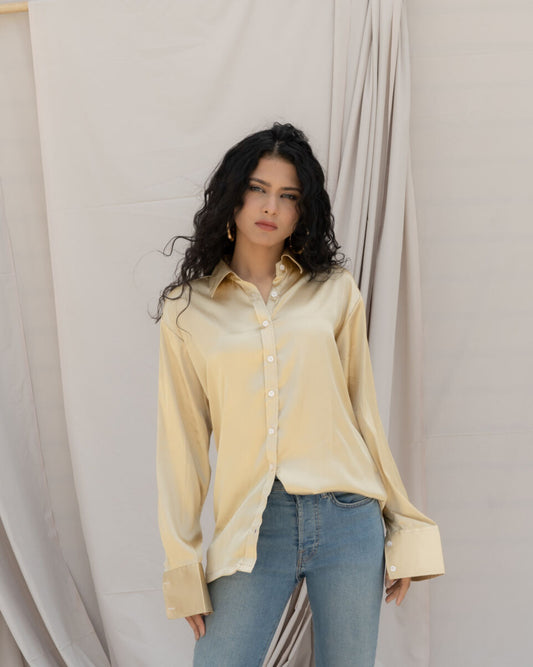 Champagne Satin Shirt – Notch Collar Long Sleeve Gold Shirt