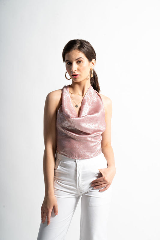 2000s Shimmer Halter Top in Rose Gold | Metallic Cowl Neck Party Top