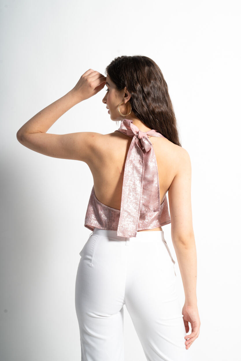 2000s Shimmer Halter Top in Rose Gold | Metallic Cowl Neck Party Top