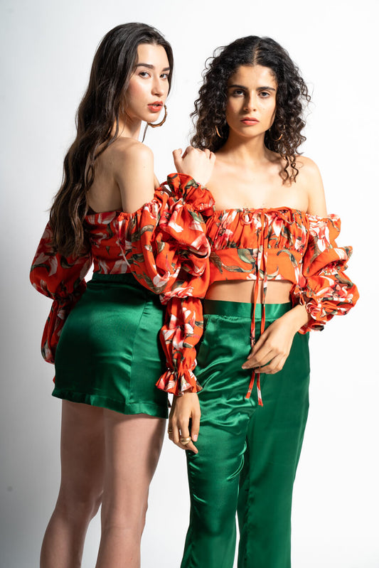 Tropical Orange Green Print Off-Shoulder Corset Poplin Lyza Top for Women